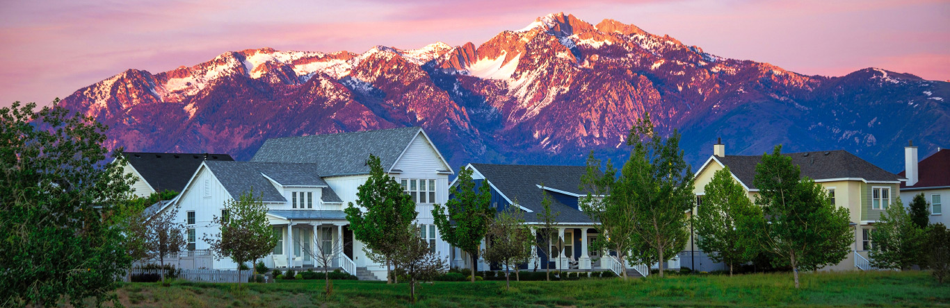 Houses in front of a mountain range